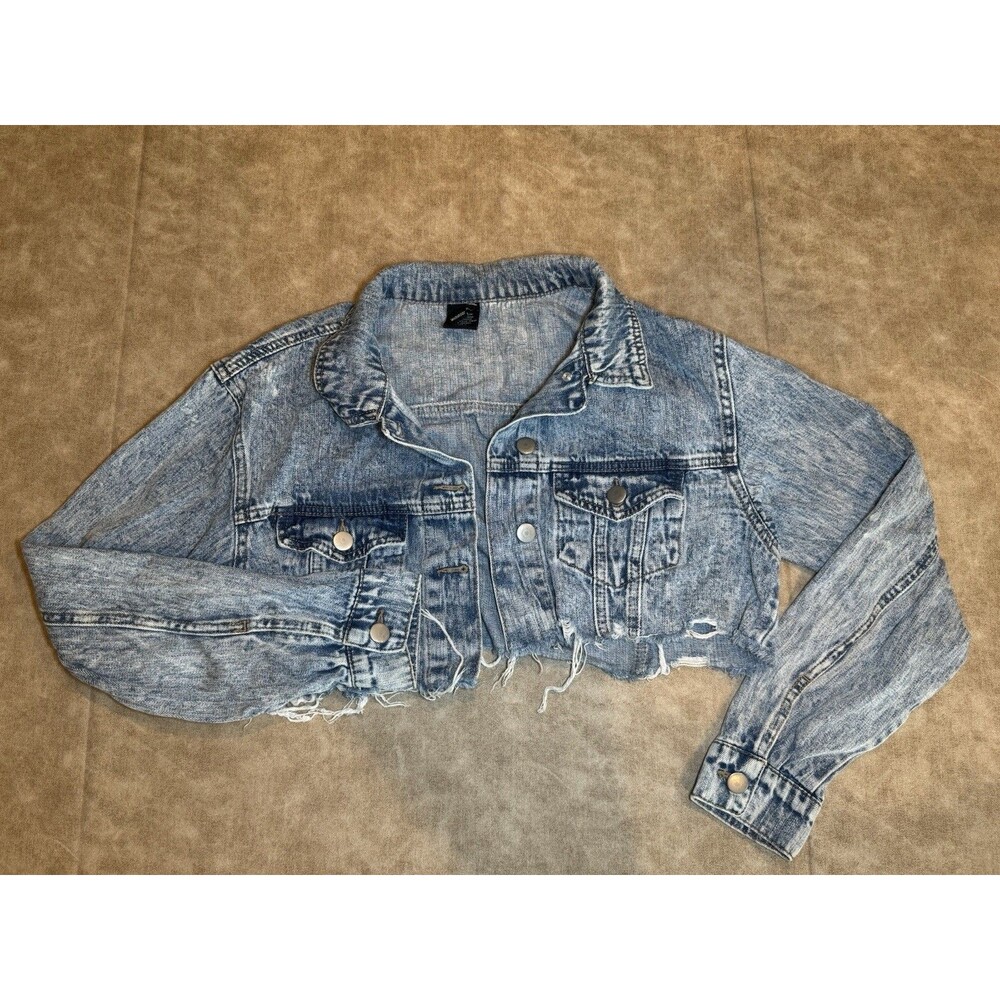 Windsor Denim Jacket Womens Blue Cropped Distressed Long Sleeve SMALL S